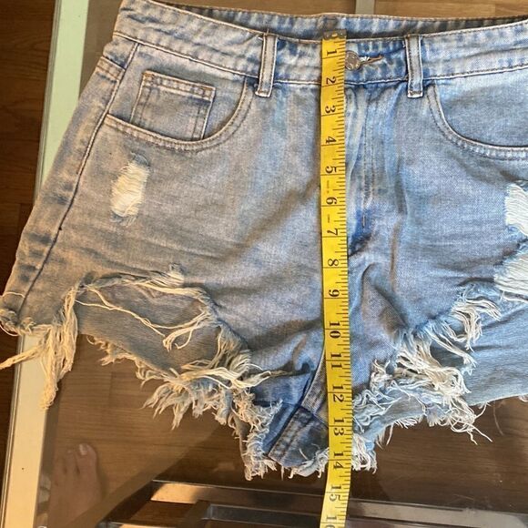 High rise, denim shorts, frayed hem distressed fabric,  size medium - Picture 3 of 7